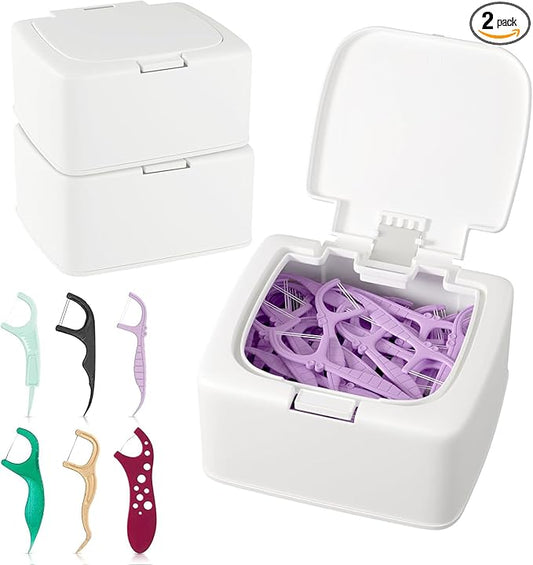 2-Pack Floss Pick Holder and Qtip Holder with One-Touch Opening, Quick Refill for Floss Picks, Cotton Swabs, Balls, Pads -...