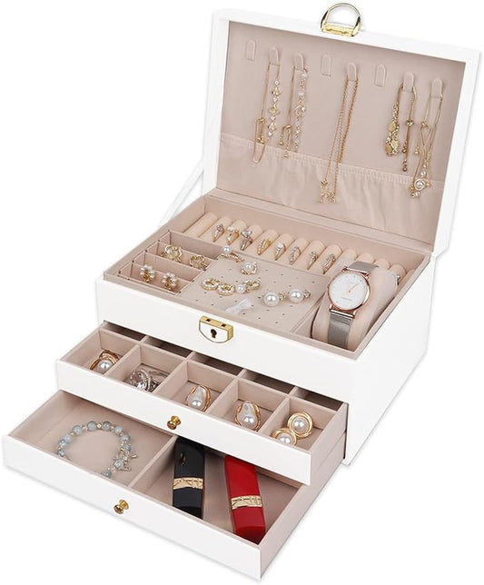 RQQM 3 Layer Jewelry Box Organizer with Drawers, Lockable PU Leather Jewelry Storage Case for Mothrer's Day gifts Necklace...