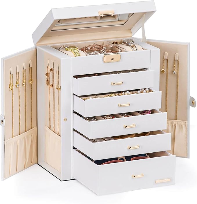 Homde Jewelry Box Large for Women: 6 Layers 5 Drawers Organizer with Mirror for Ring Earring Necklace - Storage Holder wit...