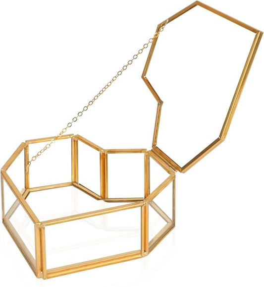 Himitimi Vintage Glass Jewelry Box Heart-Shaped Gold Keepsake Box with Hinged Lid Trinket Ring Earring Jewelry Organizer V...
