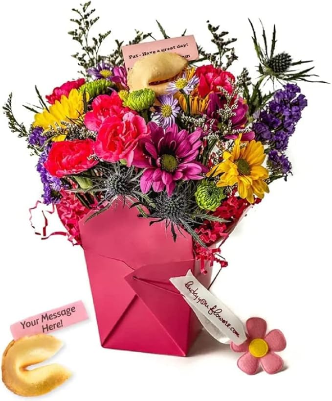 Pretty In Pink Fresh Cut Live Flowers Arranged in a Takeout Container with your Personal Message Tucked Inside a Fortune C...