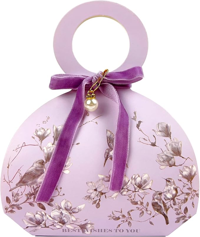 20 PCS Small Gift Boxes, Flower & Bird Party Favor Boxes Goodie Bags with Handle, Velvet Bow, Pearl Pendant for Wedding An...
