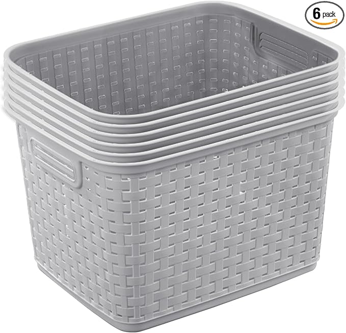 Sterilite 6-Pack Tall Weave Basket, Woven Plastic Storage Baskets for Organization, Cement Gray - Organizing Bin Container...