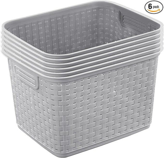 Sterilite 6-Pack Tall Weave Basket, Woven Plastic Storage Baskets for Organization, Cement Gray - Organizing Bin Container...