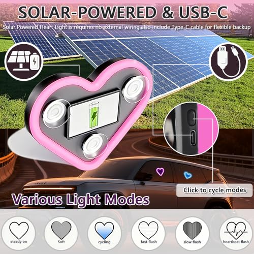 2Pcs Solar Powered Heart Light for Car, LED Wireless Ambient Lamp with 6 Modes & Vibration Sensor Can Automatically Power ...