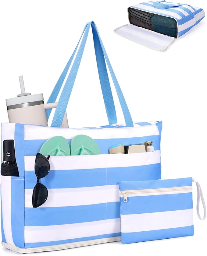 WANDF Beach Bags for Women, Large Waterproof Sandproof Beach Tote Bag with Zipper Family Pool Bags with 40oz Tumbler Pocke...