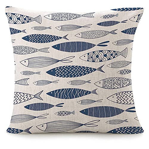 VERSUSWOLF Throw Pillow Covers for Couch Ornamental Fish Bed Or Sofa Pillows Case Blue Doodle Cute Sea Sketch Ornate Aquat...