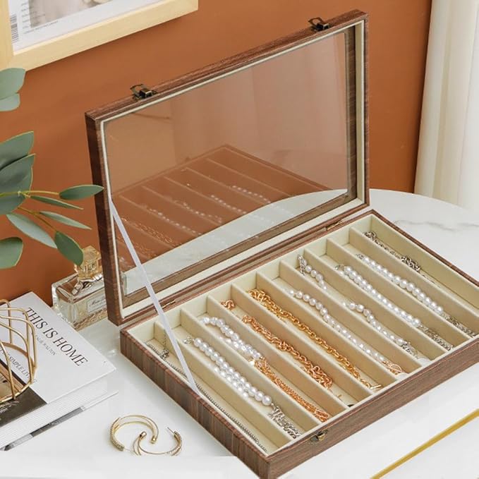MIOINEY Glass Lid Necklace Organizer Box Transparent Necklace Holder Organizer Velvet Necklace Display Box Clear Lid Jewel...