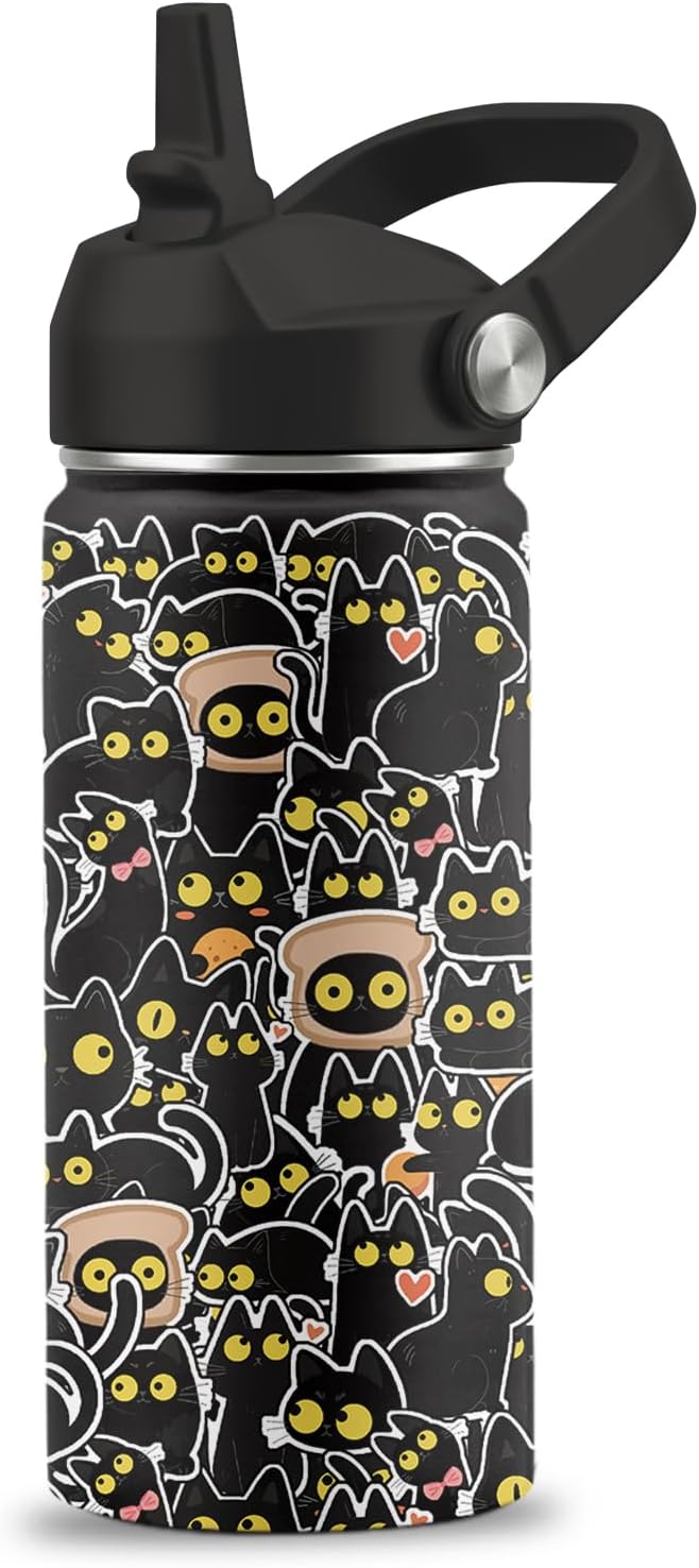 FAIVHSO Cat Gifts for Boys Girls, 16 oz Water Bottle with Straw Lid, Stainless Steel Insulated Tumbler, Cute Cats Water Bo...