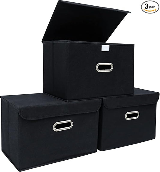 STOREONE Fabric Storage Cube Bins Foldable Organizer Container Collapsible Basket with Lids and Metal Handles, for Home, B...