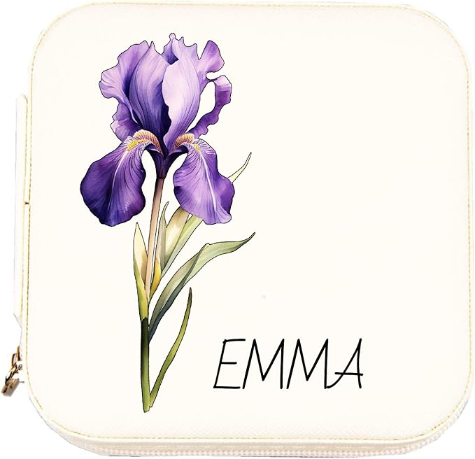TAONE Travel Jewelry Box Personalized Birth Flower Jewelry Case Custom Name Birthday Flowers Earrings Box Necklaces Bracel...