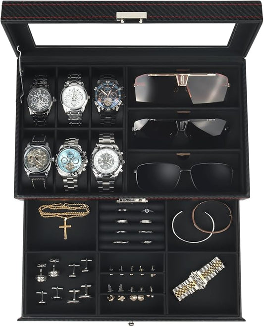 Kukikan Watch Jewelry Box Organizer, 6-Slot 2-Layer Watch Case and Sunglasses Storage with Large Glass Lid, Men's Jewelry ...