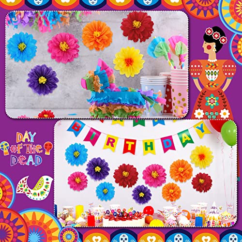 Geyee 36 Pcs Mexican Paper Flowers Colorful Fiesta Tissue Paper Flowers Pom Poms Mexican Carnival for Floral Party Backdro...