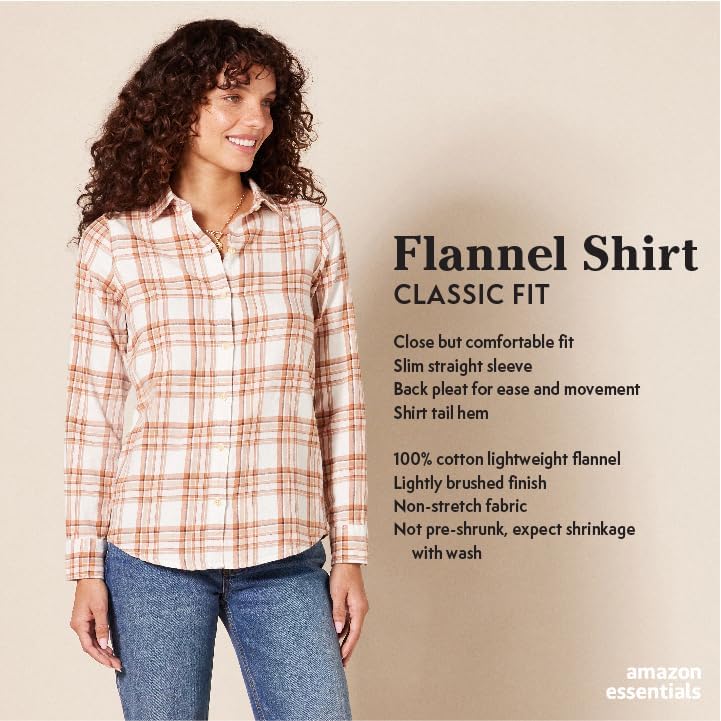 Amazon Essentials Women's Regular-Fit Long-Sleeve Lightweight Plaid Flannel Shirt