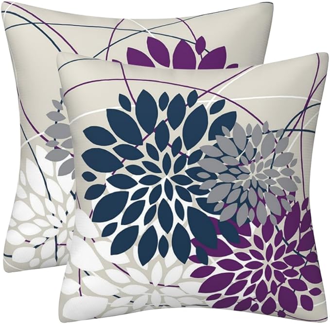 Navy Blue Purple Dahlia Floral Throw Pillows Farmhouse Decorative Throw Pillow Case Indoor Outdoor Cushion Cover Spring Su...
