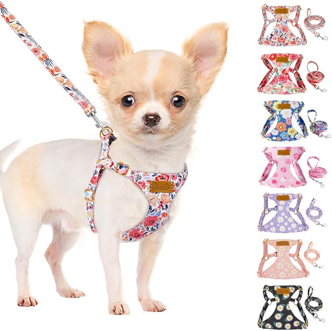 SlowTon No Pull Dog Harness with Leash - Soft Lightweight Floral Pattern Puppy Harness, Adjustable Pet Harness for Small M...