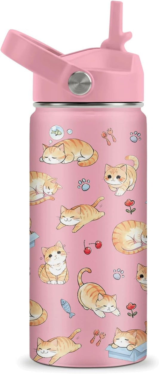 ROVOZAR Cat Water Bottle for Girls - 16oz Cat Stainless Steel Water Bottle with Straw - Cute Cats Insulated Cup - Pink Cat...