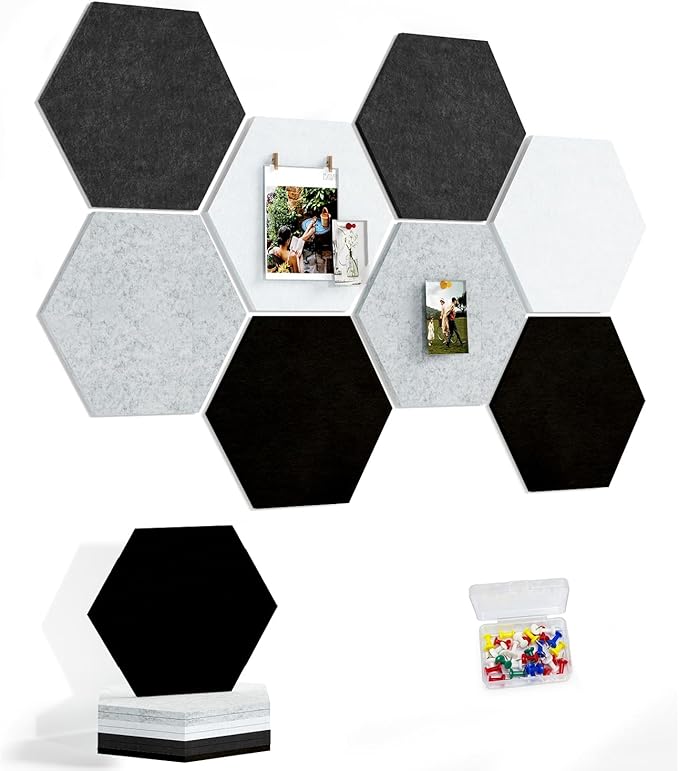 Uoisaiko 8 Pack Hexagon Felt Bulletin Board Tiles - 11.8" Large Thick Pin Board for Walls with 30 Push Pins, DIY Boards fo...