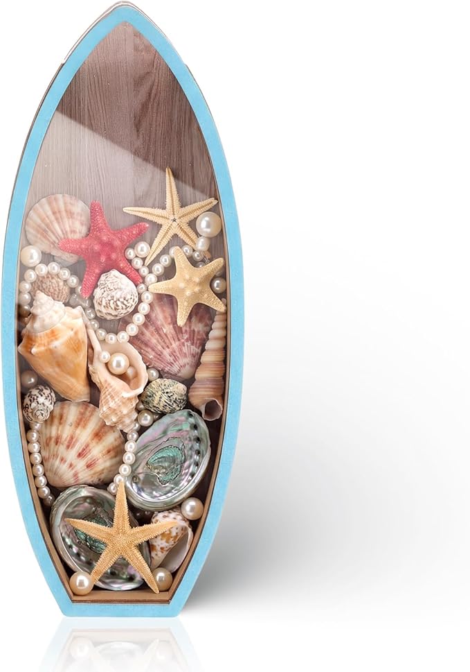 Novabright Coastal Decor Display Box Wooden Surfboard Holder with Clear Window Shell Box Shark Teeth Collection for Seashe...