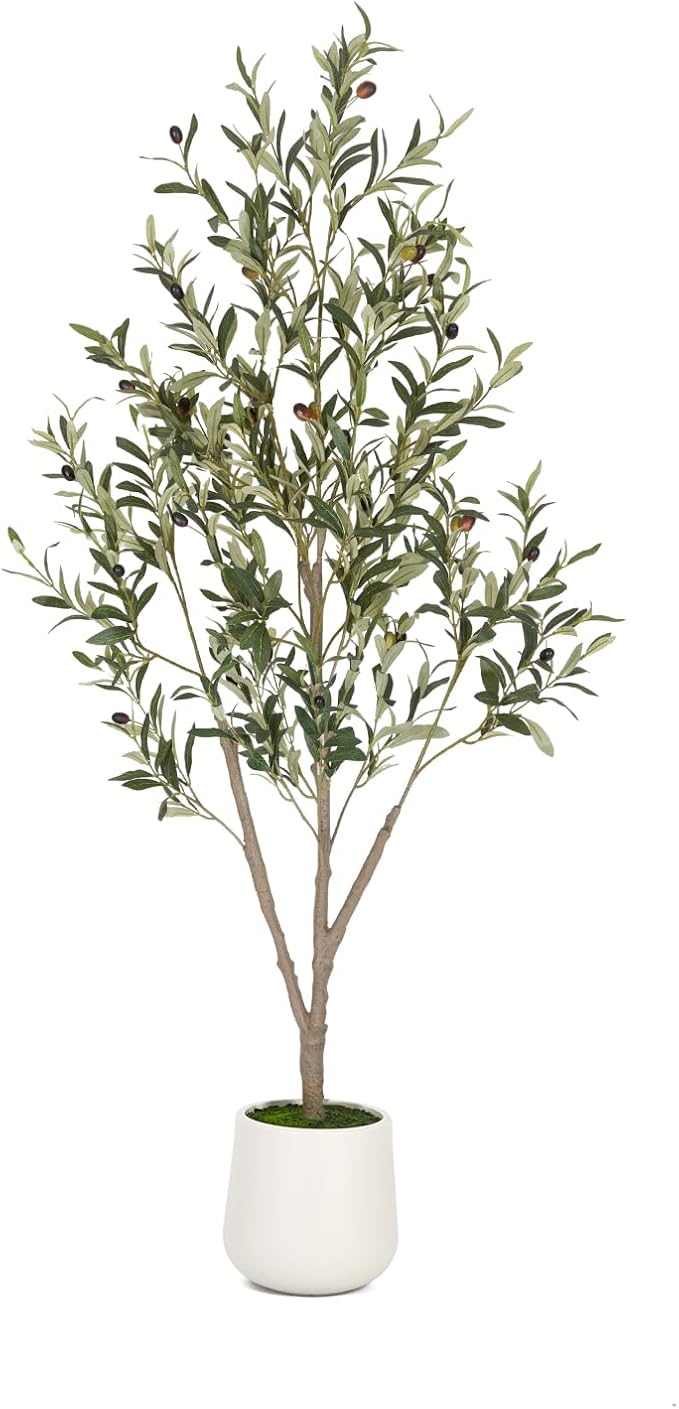 VIVATREES Olive Trees Artificial Indoor, 5FT Tall Faux Olive Tree with White Tall Planter, Artificial Plants with Natural ...