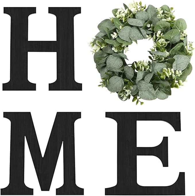 Pinkpum Wood Home Sign with Artificial Eucalyptus Wreath for O, Hanging Farmhouse Wall House Decor Wood Letters for Wall A...