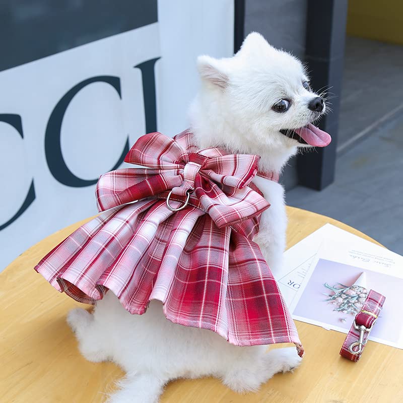 Clopon Dog Clothes Harness Dog Dress Pack Yorkie Dresses for Girl Pink Dress Blue Outfits Cute Leash Set XS