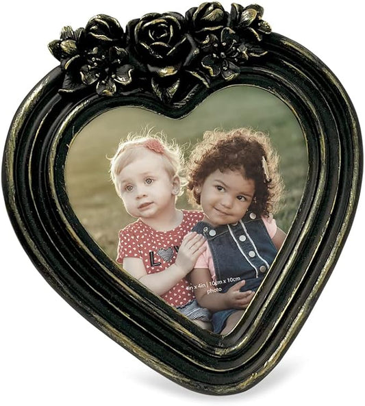 Isaac Jacobs 4x4 Heart-Shaped Resin Picture Frame with Rose Design, Decorative Photo Frame, Tabletop & Wall Display, Hangi...