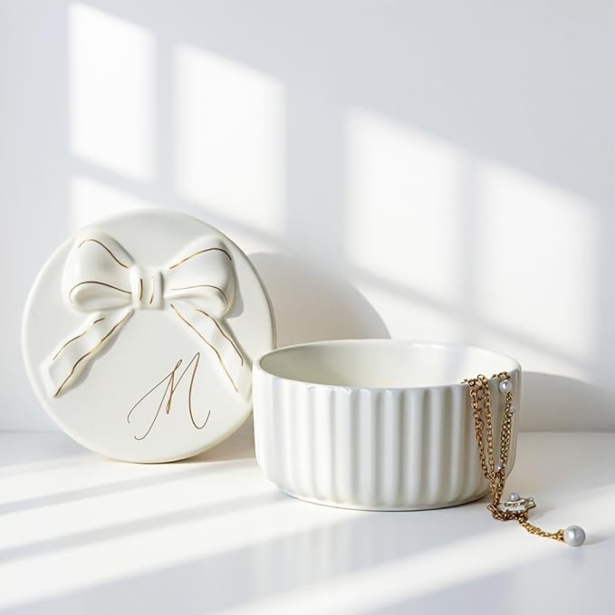 COLLECTIVE HOME Monogram Initial Jewelry Box with Bow - Elegant Ring Holder & Earring Dish | Christmas Gift Idea for Wome...