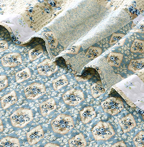 All American Collection New Reversible 3pc Floral Printed Patchwork Blue/Green Bedspread/Quilt Set Matching Curtains Avail...