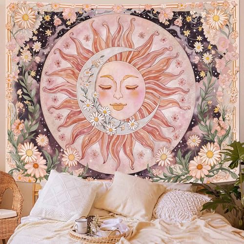Neasow Sun Moon Daisy Tapestry, Boho Aesthetic Floral Wall Art, Pink Hippie Decor for Living Room Bedroom Home, 68x90 inches