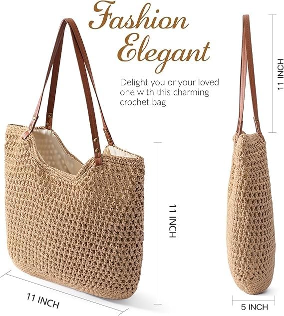 Pleneal Crochet Beach Bag, Summer Woven Tote Bag with Lining, Soft Purse Shoulder Bags for Vacation