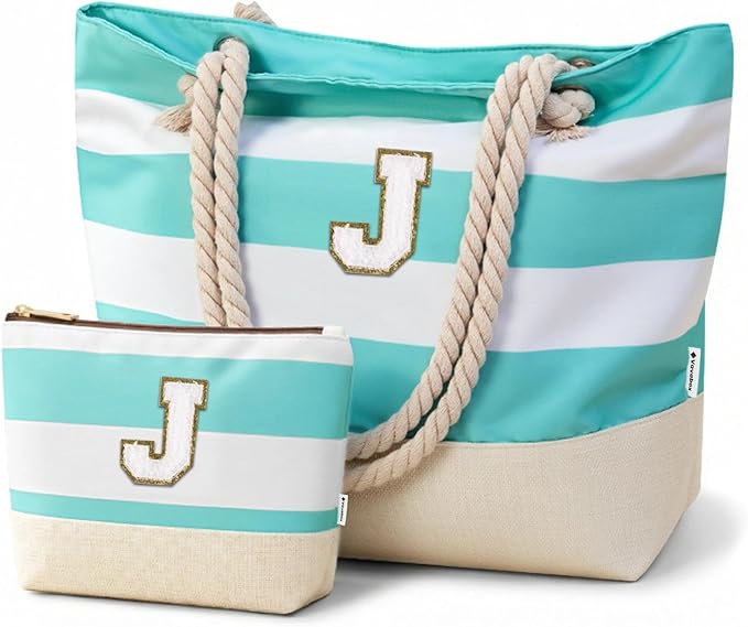 Vavabox Initial Beach Tote Bag for Women, Water-resistant Travel Beach Bag Pool Bag Set, Birthday Gifts for Women Mom