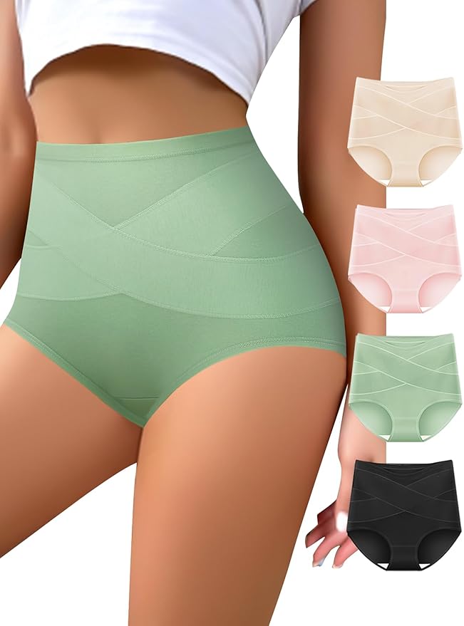 QUASTI Women's High Waisted Underwear Slightly Tummy Control Cotton Panties Full Coverage Postpartum Briefs 4 Pack