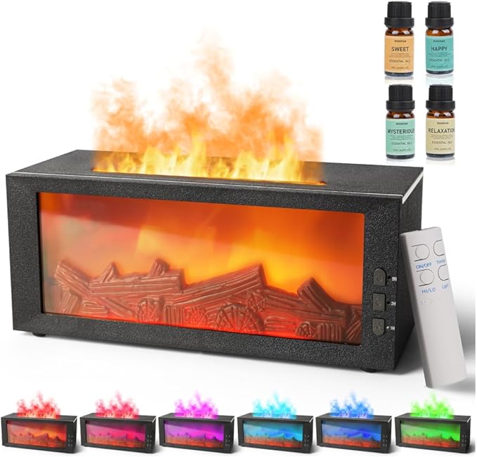 BOHOFAM Fireplace Essential Oil Aroma Diffuser,Flame Air Humidifiers 300ML,14-Hour Runtime,Colorful Flame Diffusers for Ho...