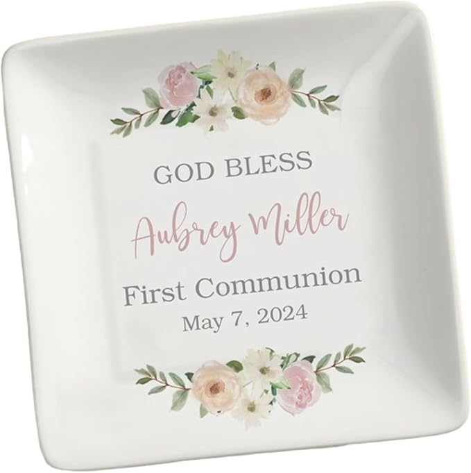 Personalization Universe Personalized Floral First Communion Porcelain Trinket Tray - Custom Name & Date Keepsake Jewelry ...