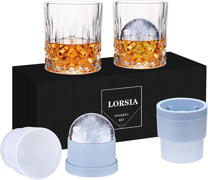 Whiskey Rocks Glass, Set of 4 (2 Crystal Bourbon Glasses, 2 Round Big Ice Ball Molds) In Gift Box - 10 Oz Old Fashioned Gl...