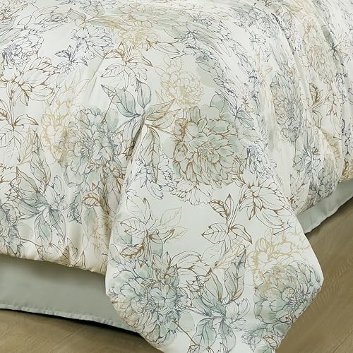 Chezmoi Collection Rosaline 7-Piece Floral Botanical Comforter Set King - Floral Embroidery Soft Green Gray Floral Printed...