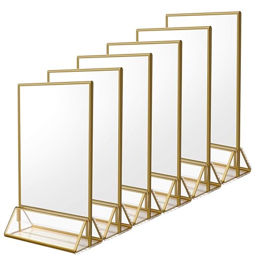 NIUBEE 6Pack 4 x 6 Clear Acrylic Sign Holder with Gold Borders and Vertical Stand, Double Sided Table Menu Holders Picture...