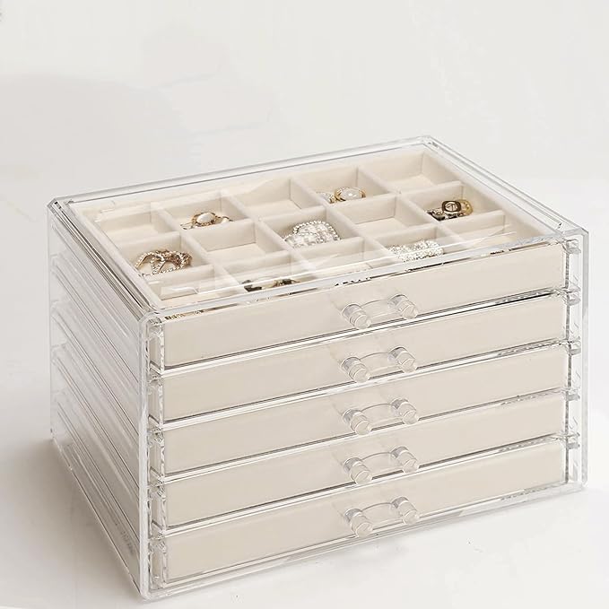 GUOER 5 Drawers Clear Jewelry Box for Women and Girls, Acrylic Earring Holder Organizer Ring Holder Display Storage, Warm ...