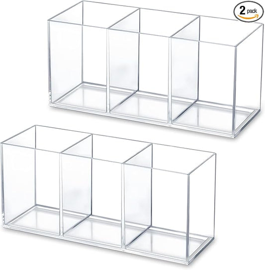 BangBoom 2 Pack Clear Makeup Brush Holder, 3 Compartment Plastic Pen Organizer, Acrylic Silverware Caddy for Storage Desk ...