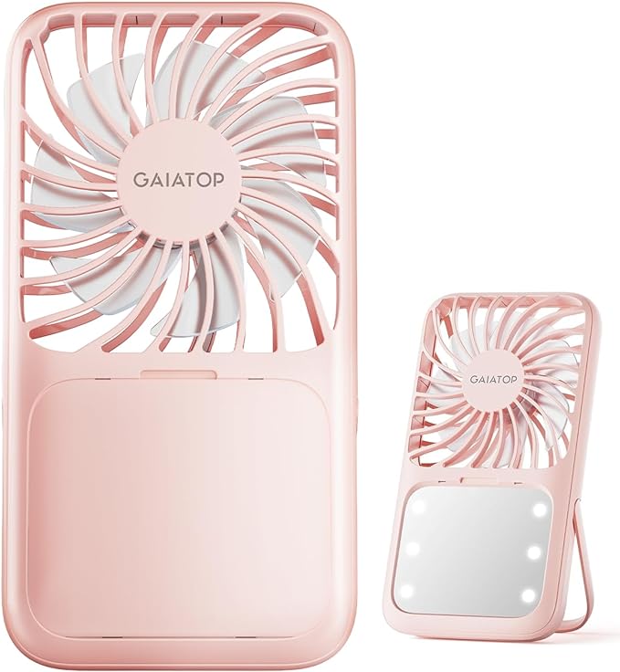 Gaiatop Portable Handheld Fan, 3 Speed LED Makeup Mirror with Light, Folding Stand for Desktop, Rechargeable Mini Personal...