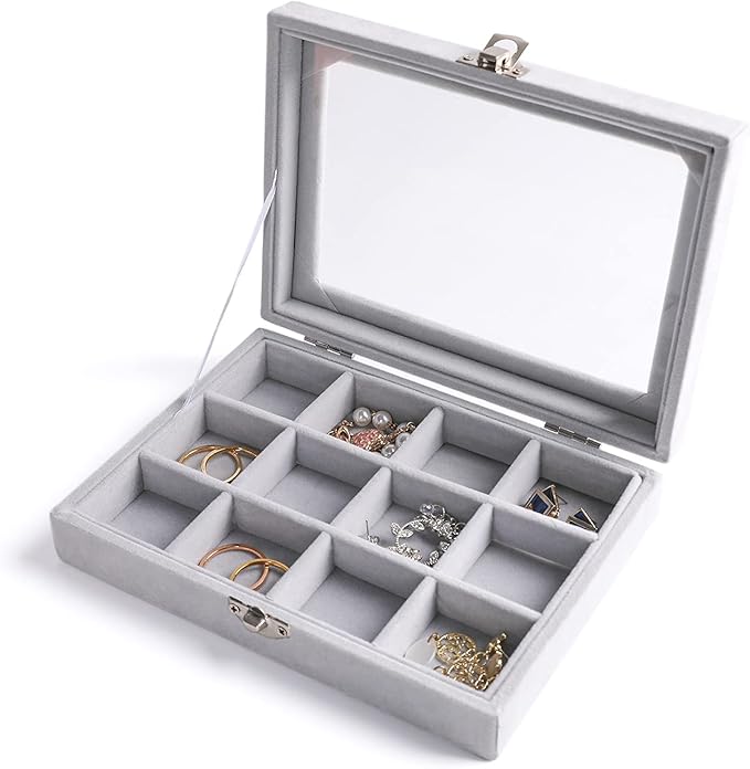 Frebeauty Jewelry Organizer Tray with Clear Lid, 12 Grid Velvet Drawer Insert Storage Box with Transparent Lid Display Cas...