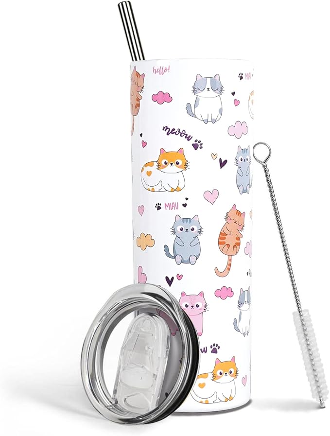 Heqianco Cat Lover Gifts For Women Cat Mom Gift Pussy Gifts For Girls Tumbler With Lid And Straw 20oz Stainless Steel Skin...