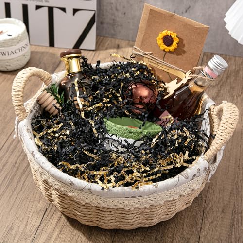 Mefleet 1/2 LB Crinkle Cut Paper Shred Filler 8 oz Black & Gold Crinkle Shredded Paper for Gift Box - Gift Basket Bag Fill...