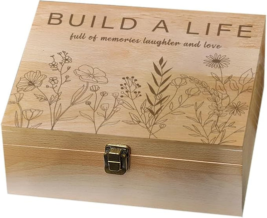 arricraft 1 Pc Wood Memory Keepsake Box, Line Wildflowers Build a Life Memory Box with Hinged Lids Laughter and Love Keeps...