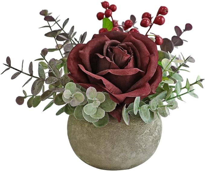 Rosscer Small Artificial Burgundy Rose Potted Plant, 6" Fake Silk Flowers in 3.5" Round Pot, Mini Faux Floral Arrangement ...
