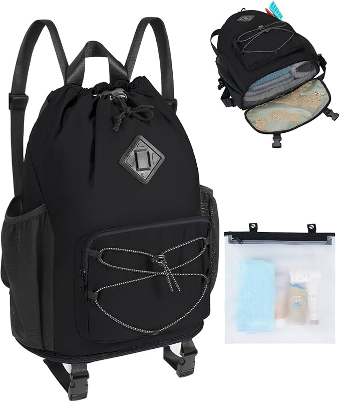 WANDF Drawstring Backpack with Removable Wet Pocket, Sandproof Beach Backpack with Bottom Compression Strap for Beach Mat,...