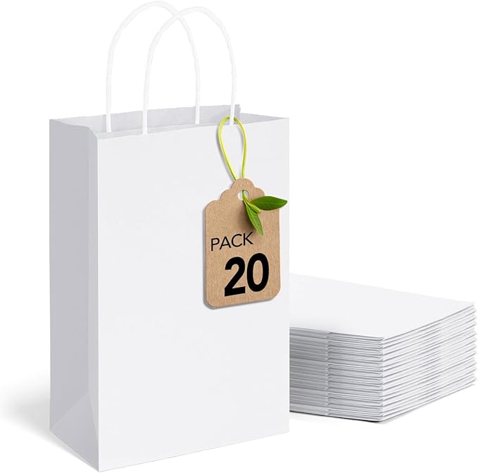 MESHA Gift Paper Bags 20Pcs 5.25x3.75x8 Inch White Small Shopping Kraft Bags Bulk with Handles Reusable for Business Groce...