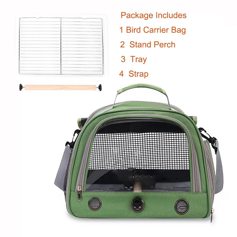Bird Travel Carrier, Portable Small Bird Parrot Parakeet Carrier with Standing Perch and Tray, Side Access Window Collapsi...