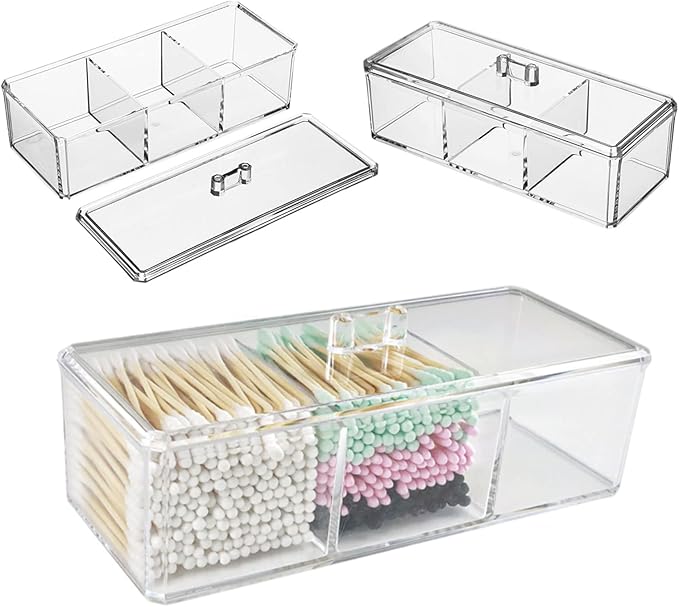 UTTH-DTTK Clear Cotton Ball and Swab Holder 3 Divided Compartments with Lid, , Waterproof Bathroom Organizers Small Plasti...